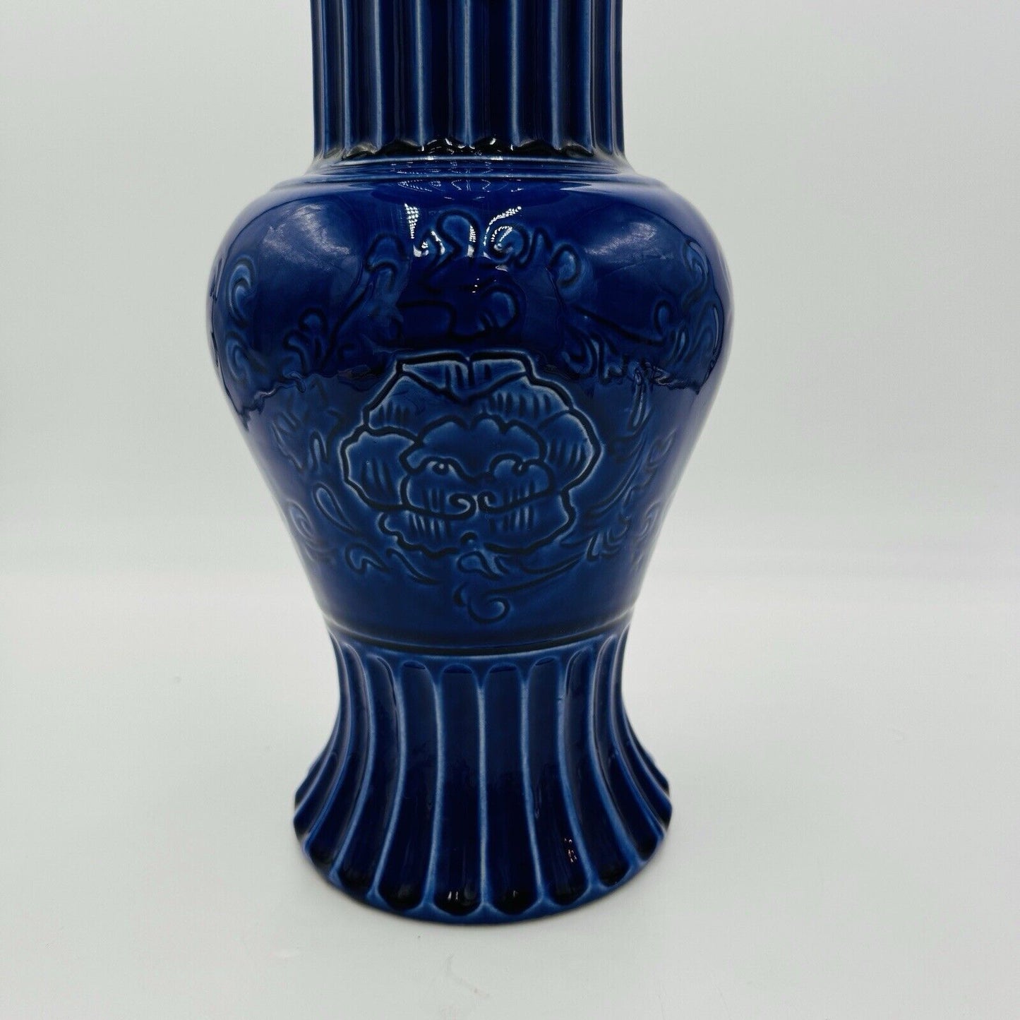 Hyalyn Pottery Vase 15in Cobalt Blue Floral Etched USA #571 MCM Large Standing