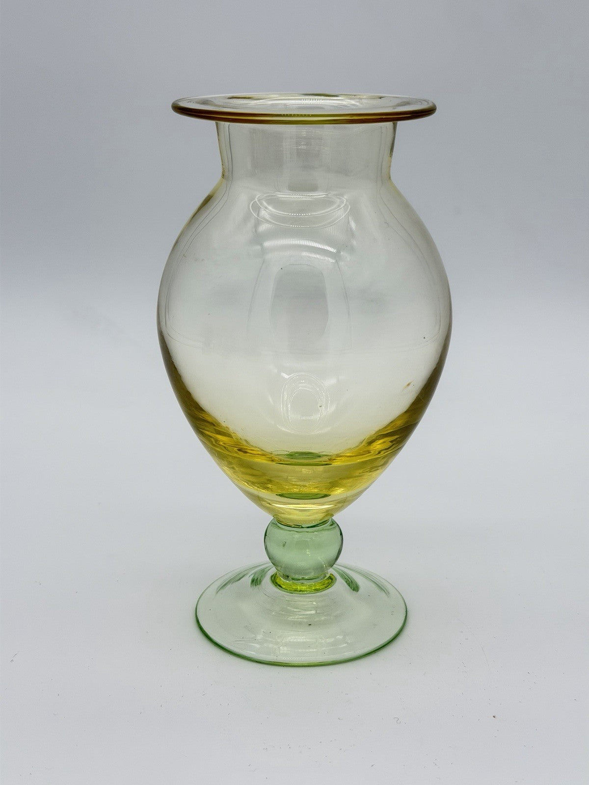 Vintage Tiffin art glass yellow w/green footed base Flower Vase 7”H Pedestal