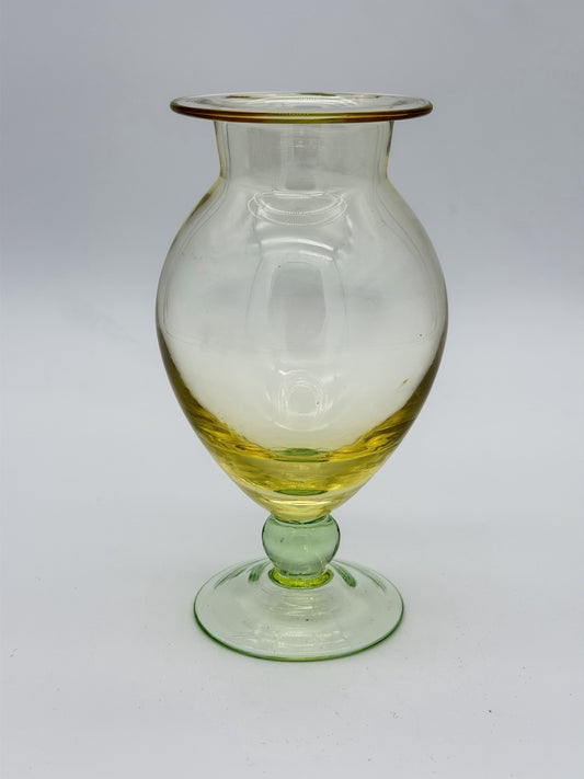 Vintage Tiffin art glass yellow w/green footed base Flower Vase 7”H Pedestal