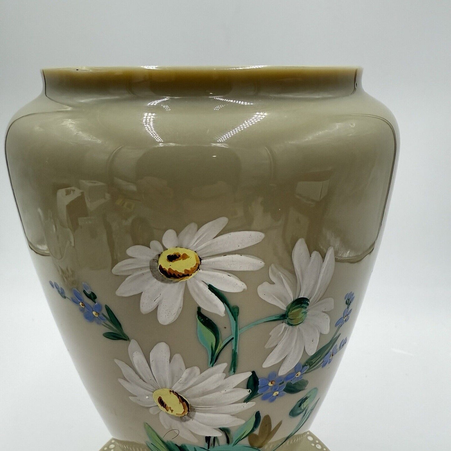 Antique Victorian Bristol Art Glass Hand Painted Daisies Footed Large Vase 11”