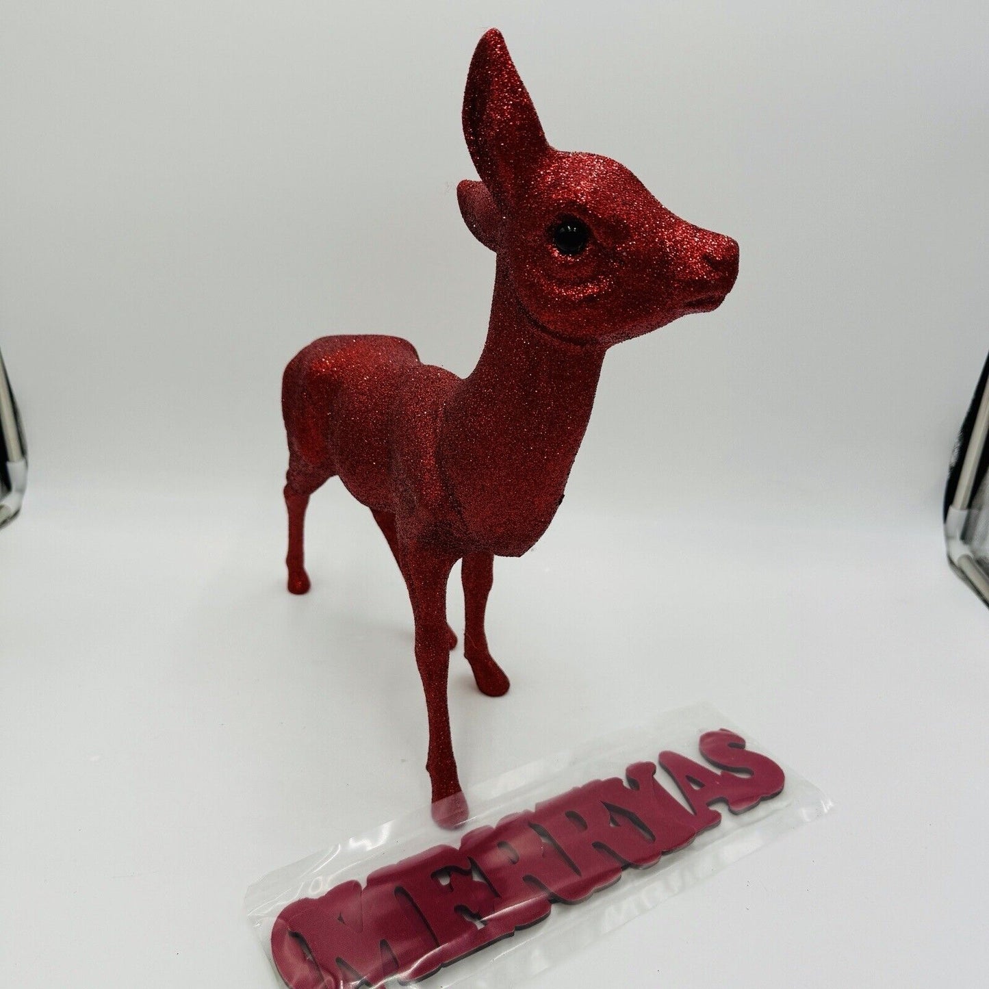 Inscha Deko Handwerk Red Glitter Reindeer Germany Christmas Figures 15in Vinta