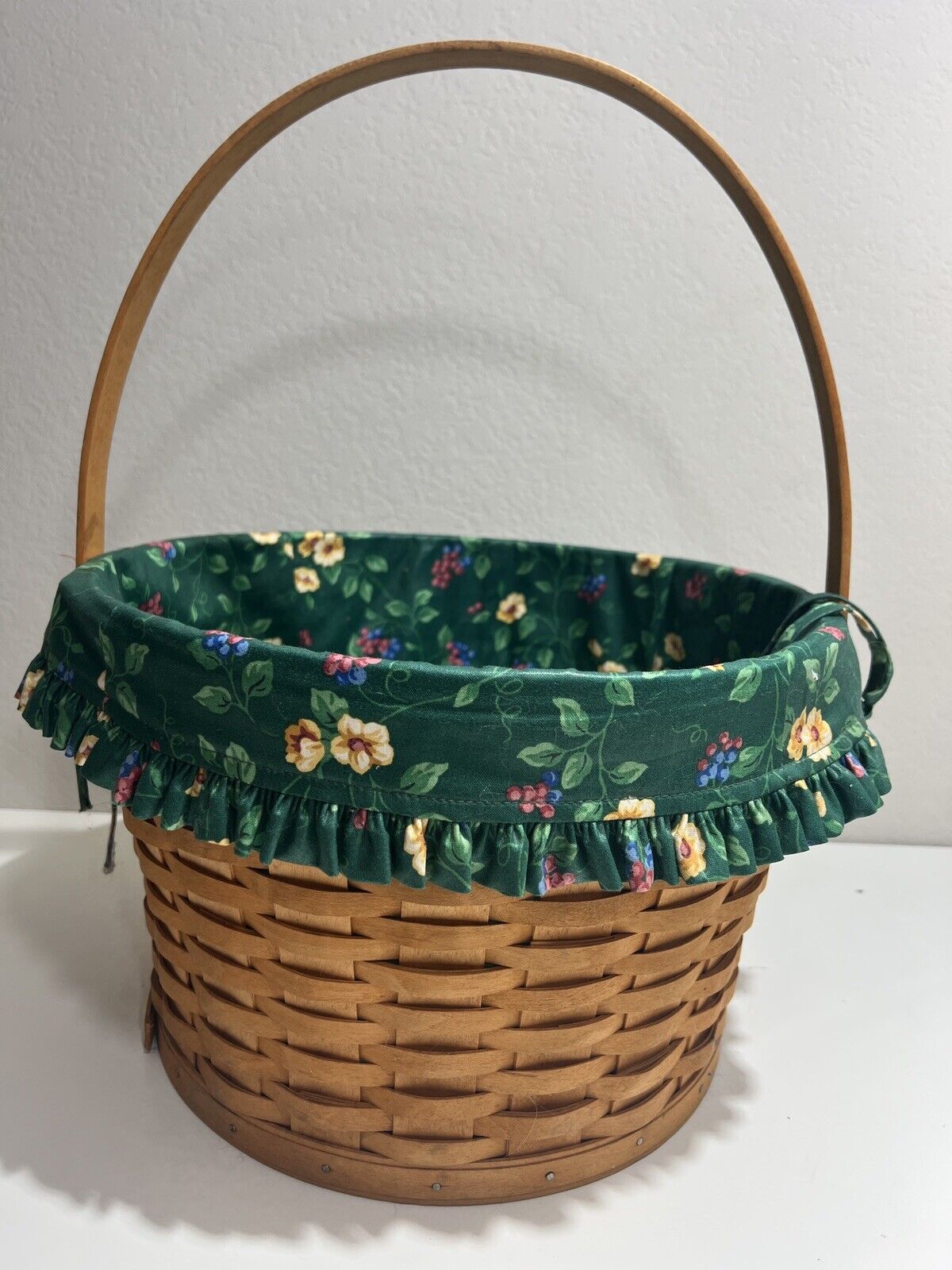 Longaberger Basket Liner Large Handle Round Green Floral 1996 Vintage Retired