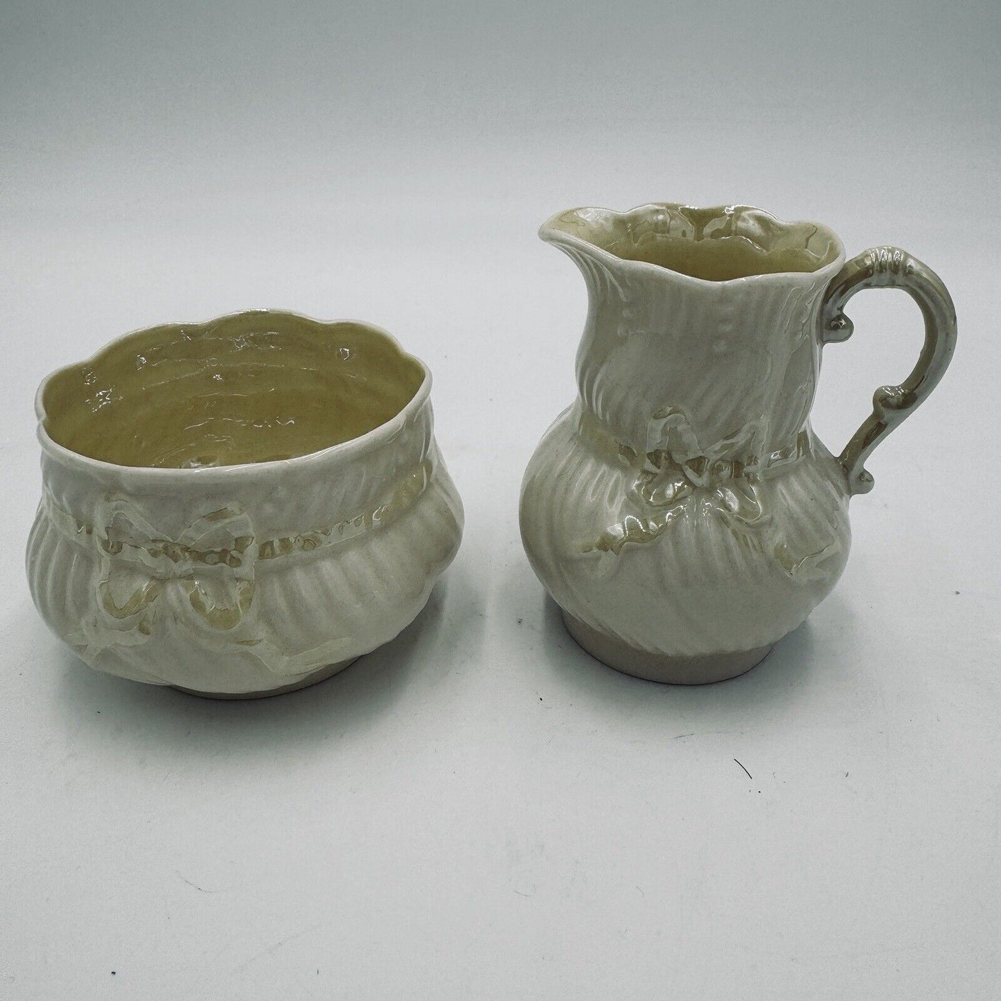 Belleek Yellow Ribbon Lustre Open Sugar & Creamer circa 1965 6th Green Porcelain