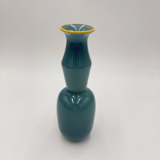 studio PARAN Hand blown Art glass vase aqua color 7.5” Signed Yellow Rim 2002