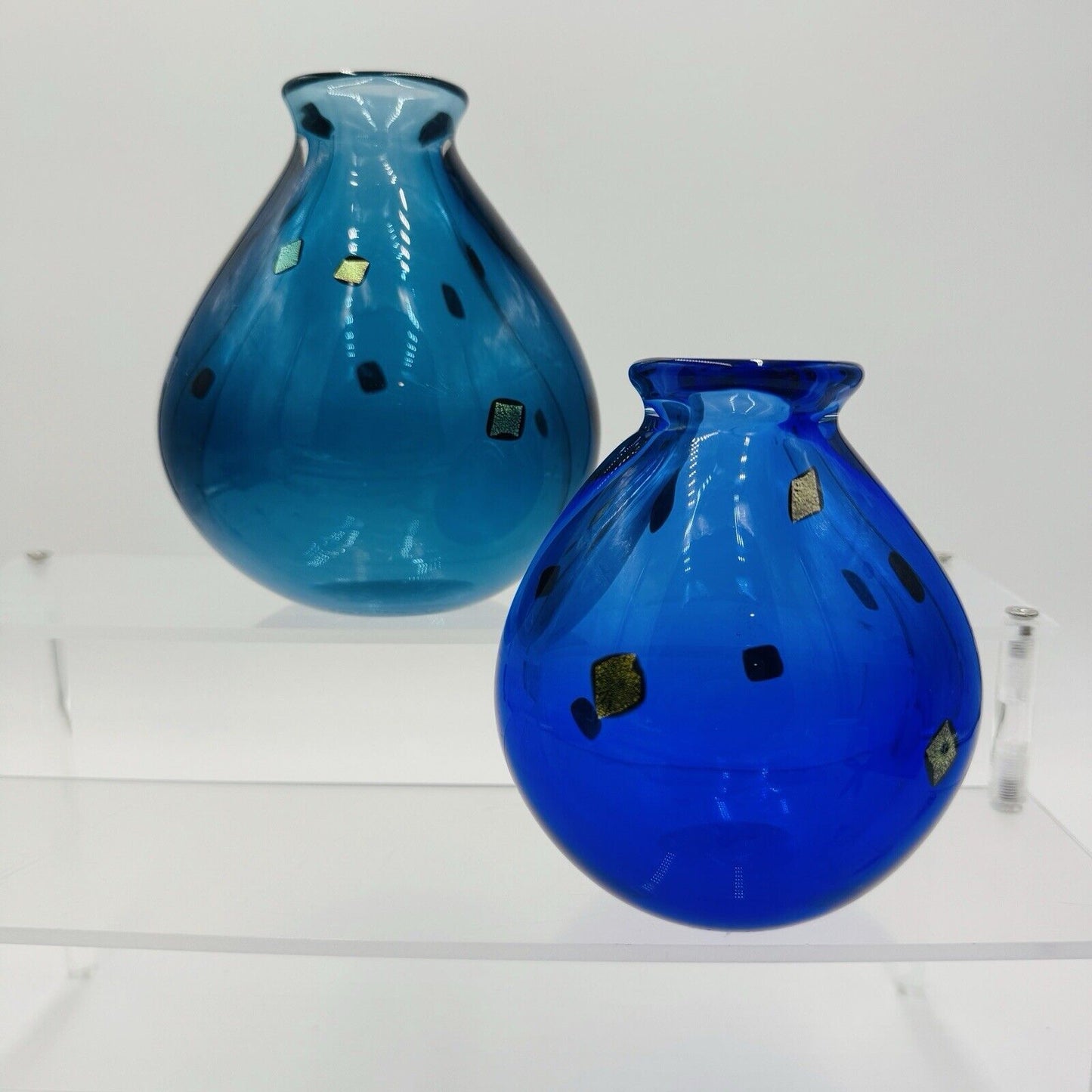 Pair Studio Art Glass Vases Cobalt Blue Gold Black Specks Signed Sharon Fujimoto