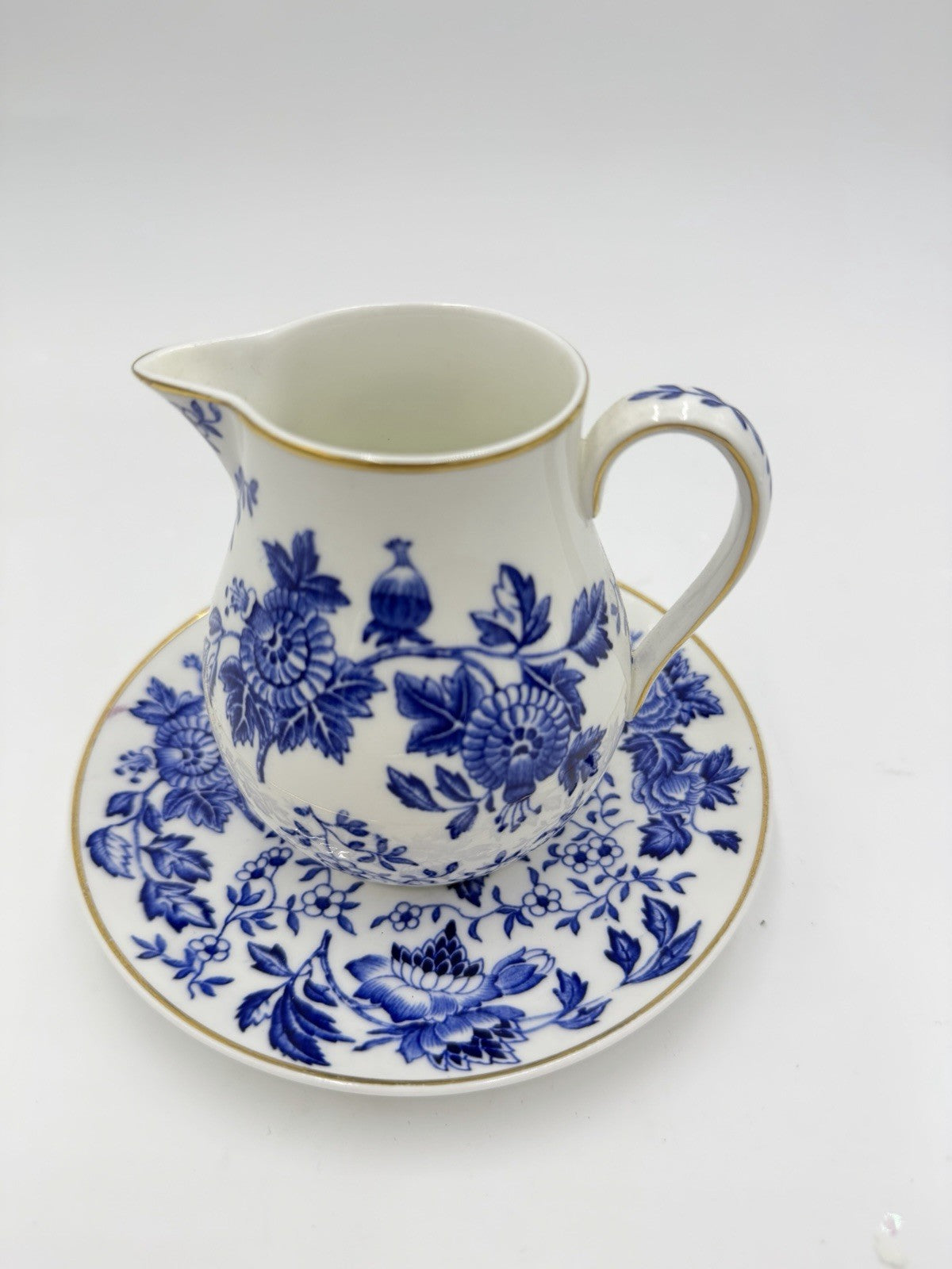 Wedgwood England Porcelain Creamer & Saucer Set Avon Blue/white 1945 Floral