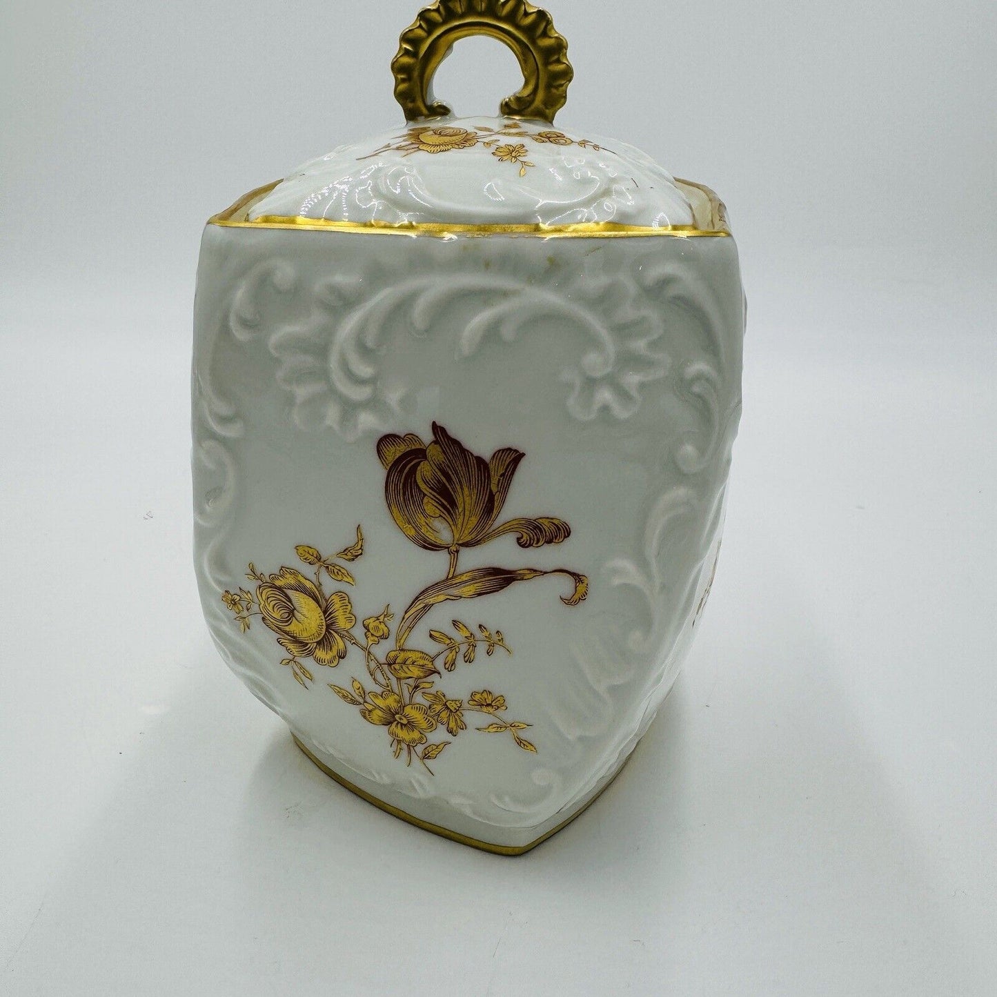 Rare Limoges France Porcelain Floral Gold Painted Biscuit Jar Lidded 7”twisted