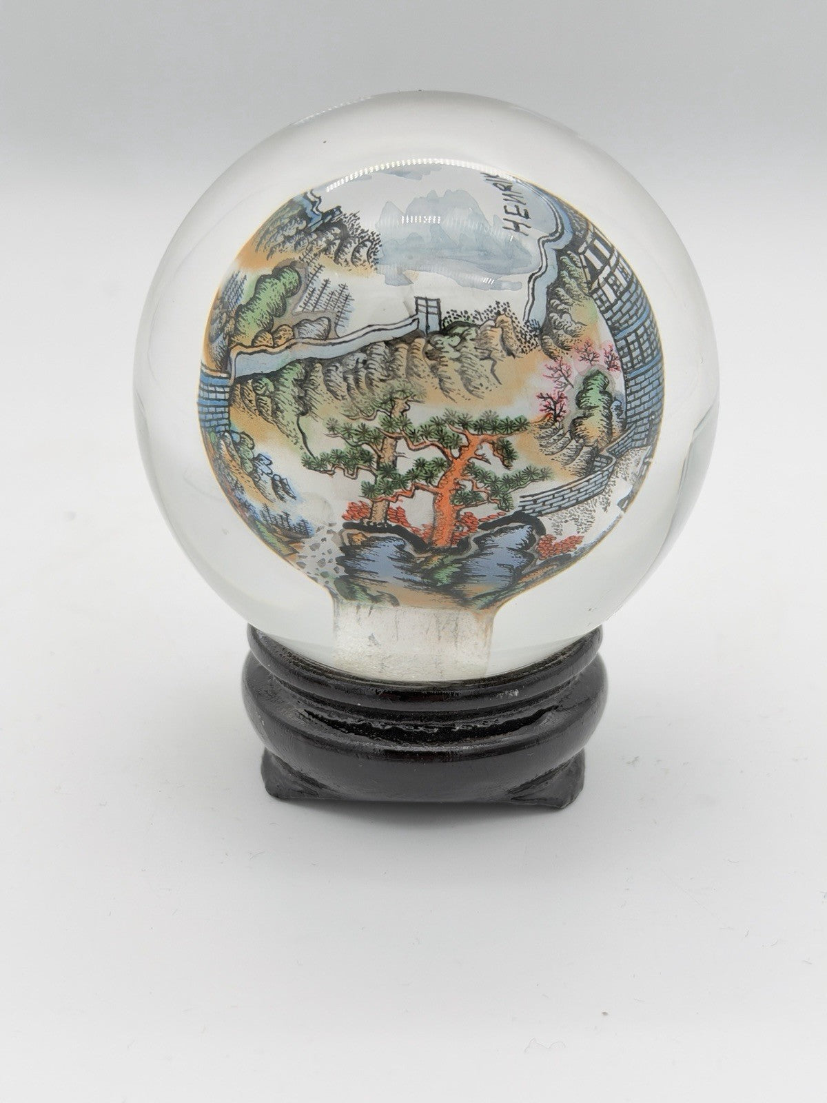 Chinese Reverse Painted Great Wall Art Glass Crystal Ball Sphere Signed 3.5”