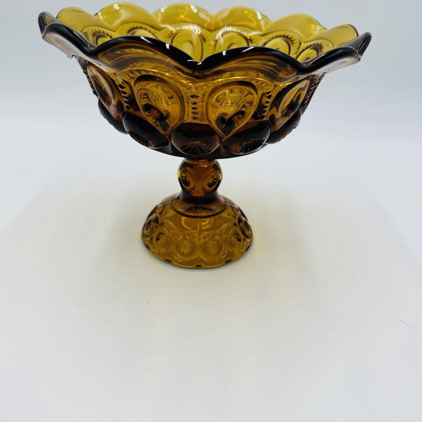 L.E. Smith Moon & Stars Amber Art Glass Pedestal Candy Bowl Dish 7in x 8in