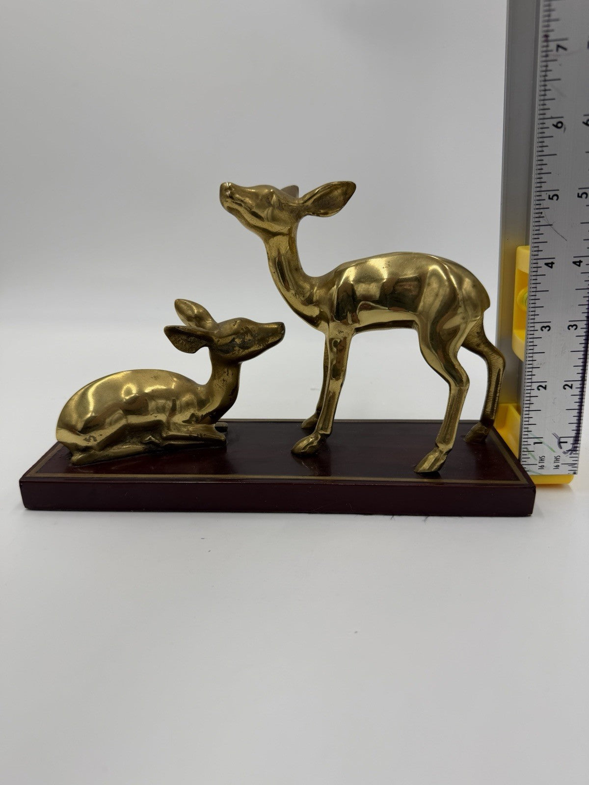 Vintage Gatco Solid Brass Deer Set on Wood Stand Woodland Figurines 6”x9”