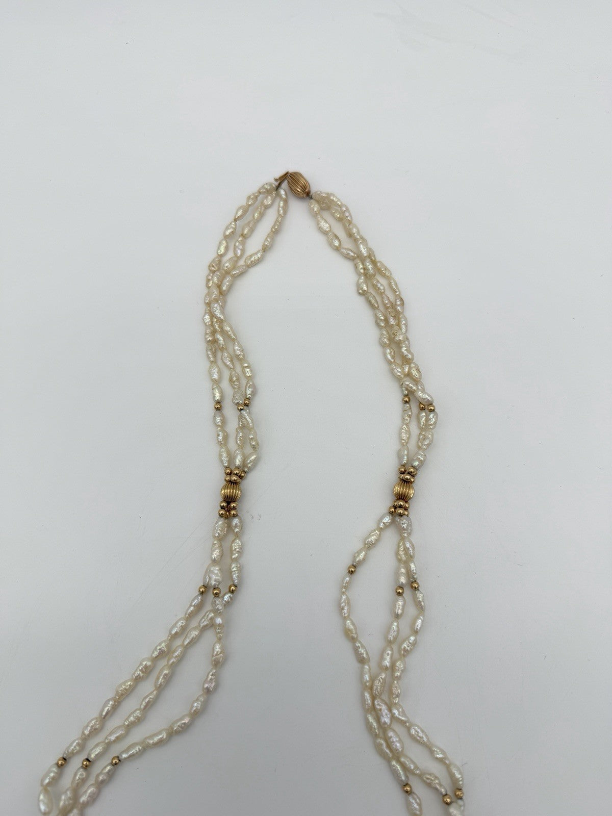 14K Yellow Gold Ribbed Beaded Freshwater Pearl Necklace Triple Strand 31”