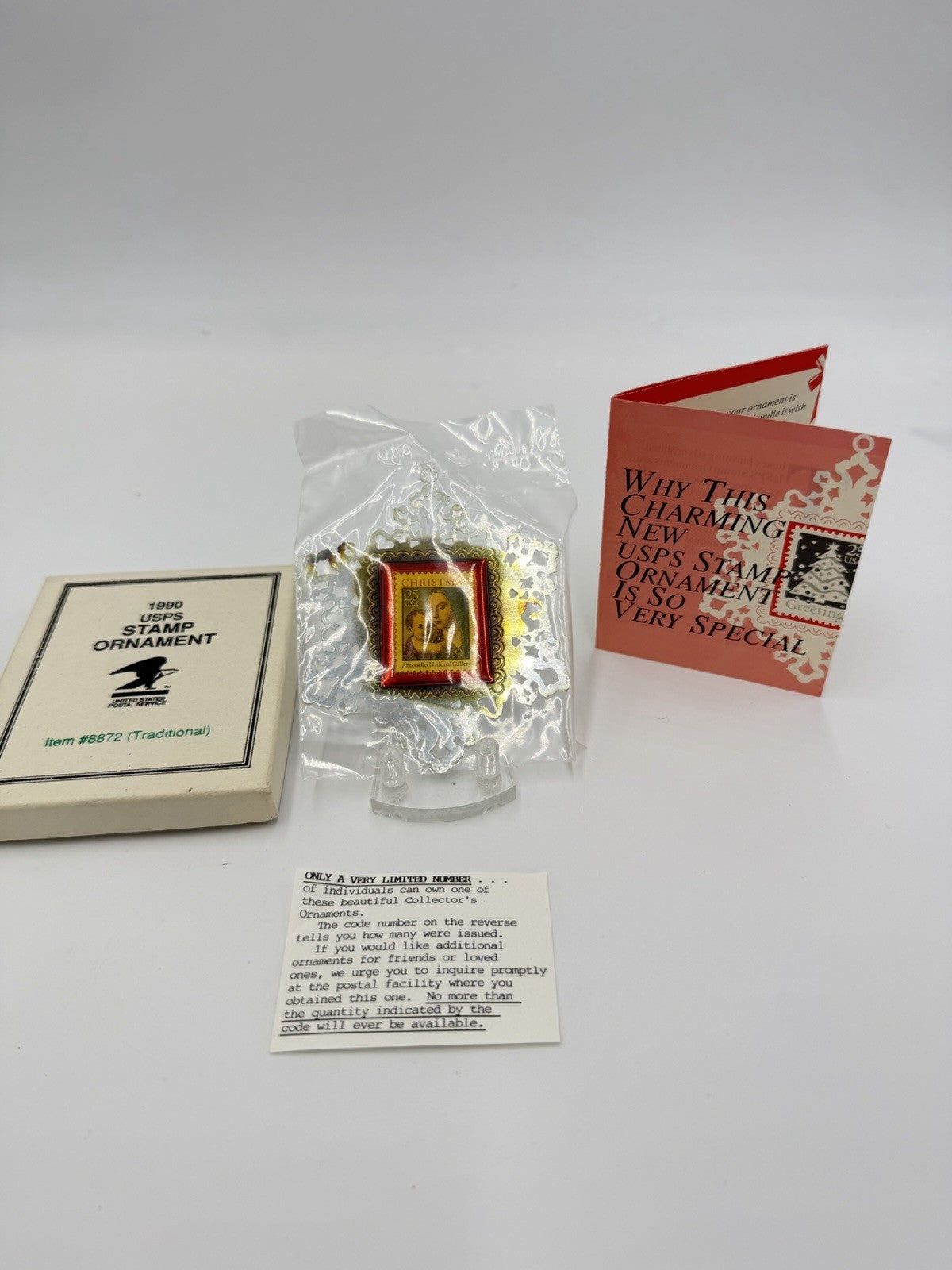 1990 USPS Stamp Ornament Madonna W/baby Silver Christmas Sealed Límited Edition