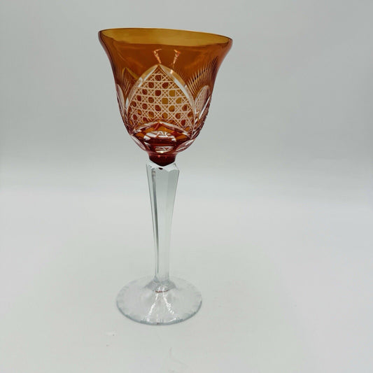 Bohemian crystal cut wine glass orange replacement 8” Vintage Etched