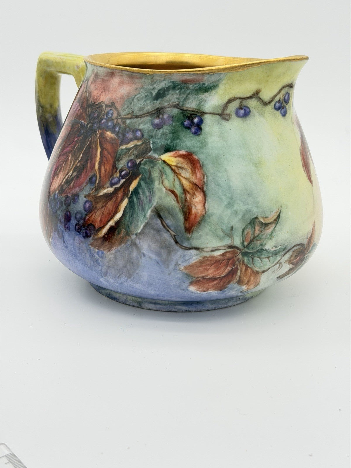 Limoges France W.G & Co Porcelain Painted Gold Painted berries Leaf Pitcher 19th