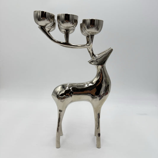 Pottery Barn Reindeer Silver Tone Holiday Votive Candelabra 12”x 7” Candle Holde