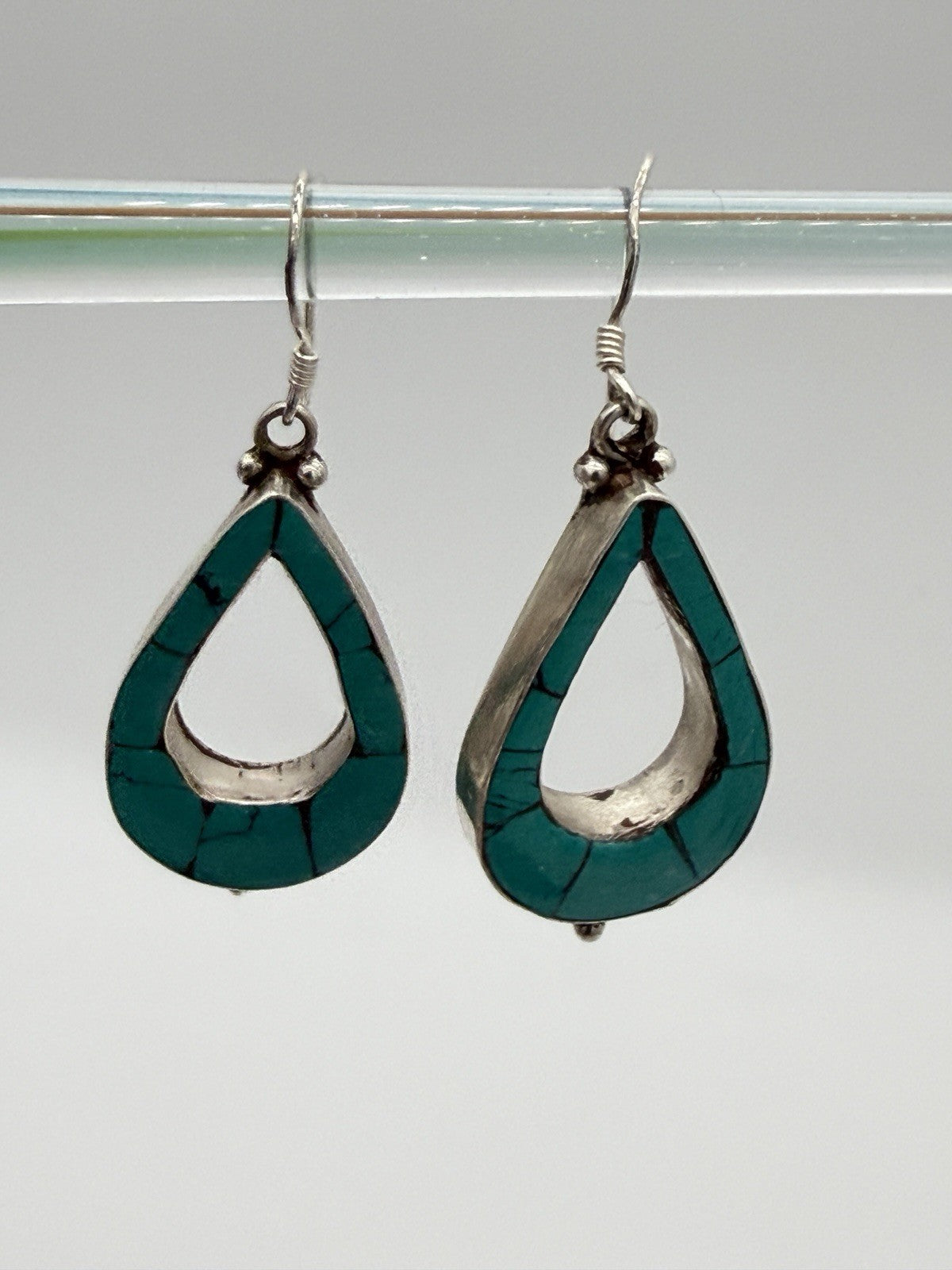 Vintage Sterling Silver Crushed Turquoise Dangle Earrings 925 Jewelry
