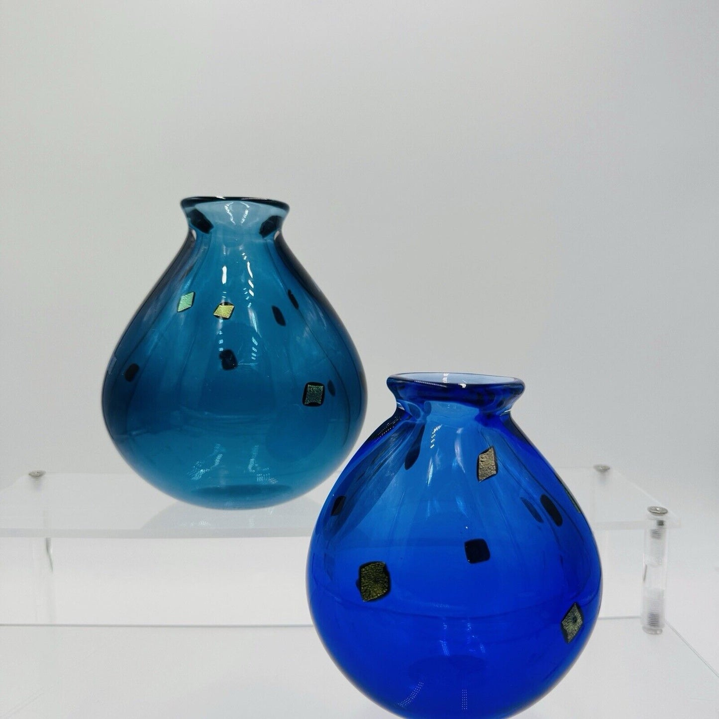 Pair Studio Art Glass Vases Cobalt Blue Gold Black Specks Signed Sharon Fujimoto