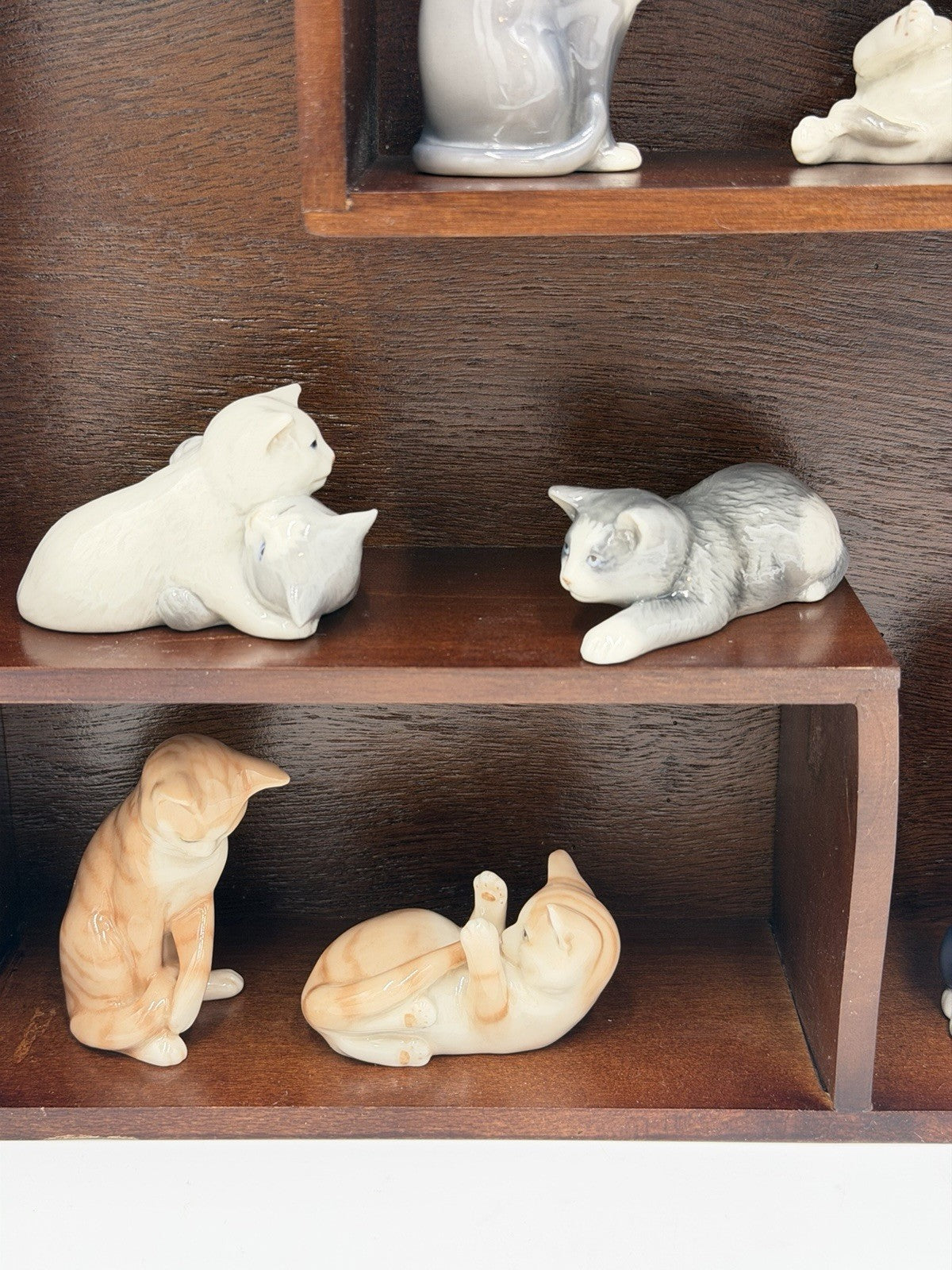 Royal Copenhagen Denmark Porcelain Cat Collection Mini Figurines Wood Shelf