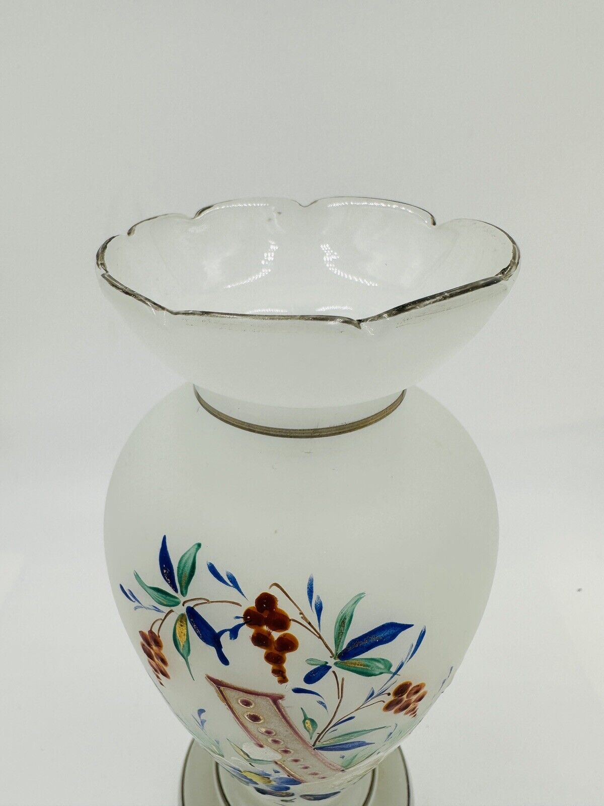 Vase Victorian Bristol Opaline Floral Hand Blown & Hand-Painted on White Decor