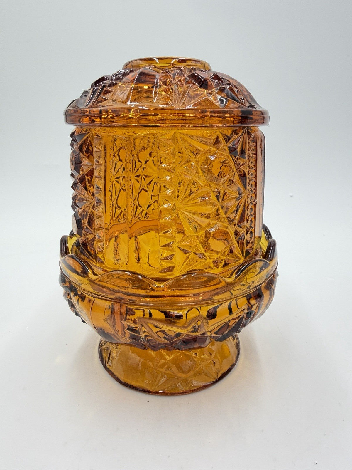 Vintage Indiana Art Glass Amber Stars & Bars Fairy Lamp Candle Holder Votive 7”