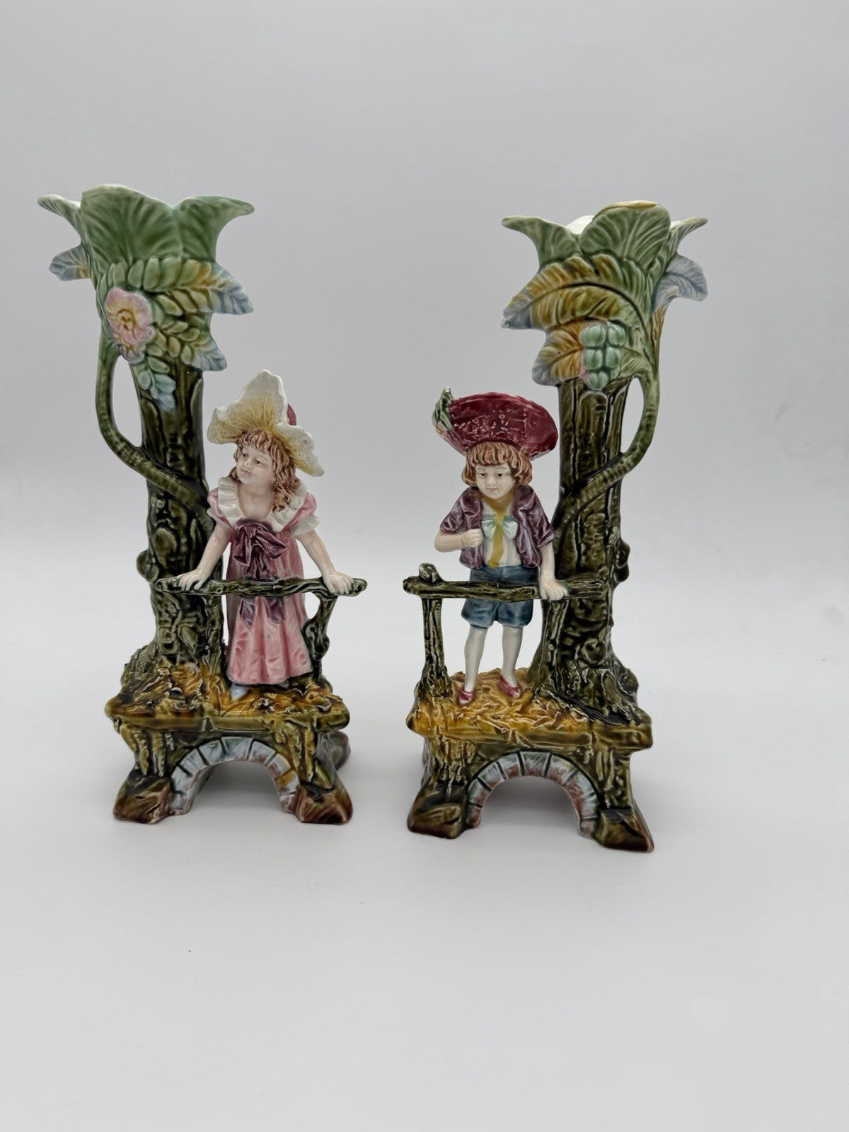 Antique Brothers Urbach Teplitz Bohemian Austrian Majolica Boy Girl Vase 11”