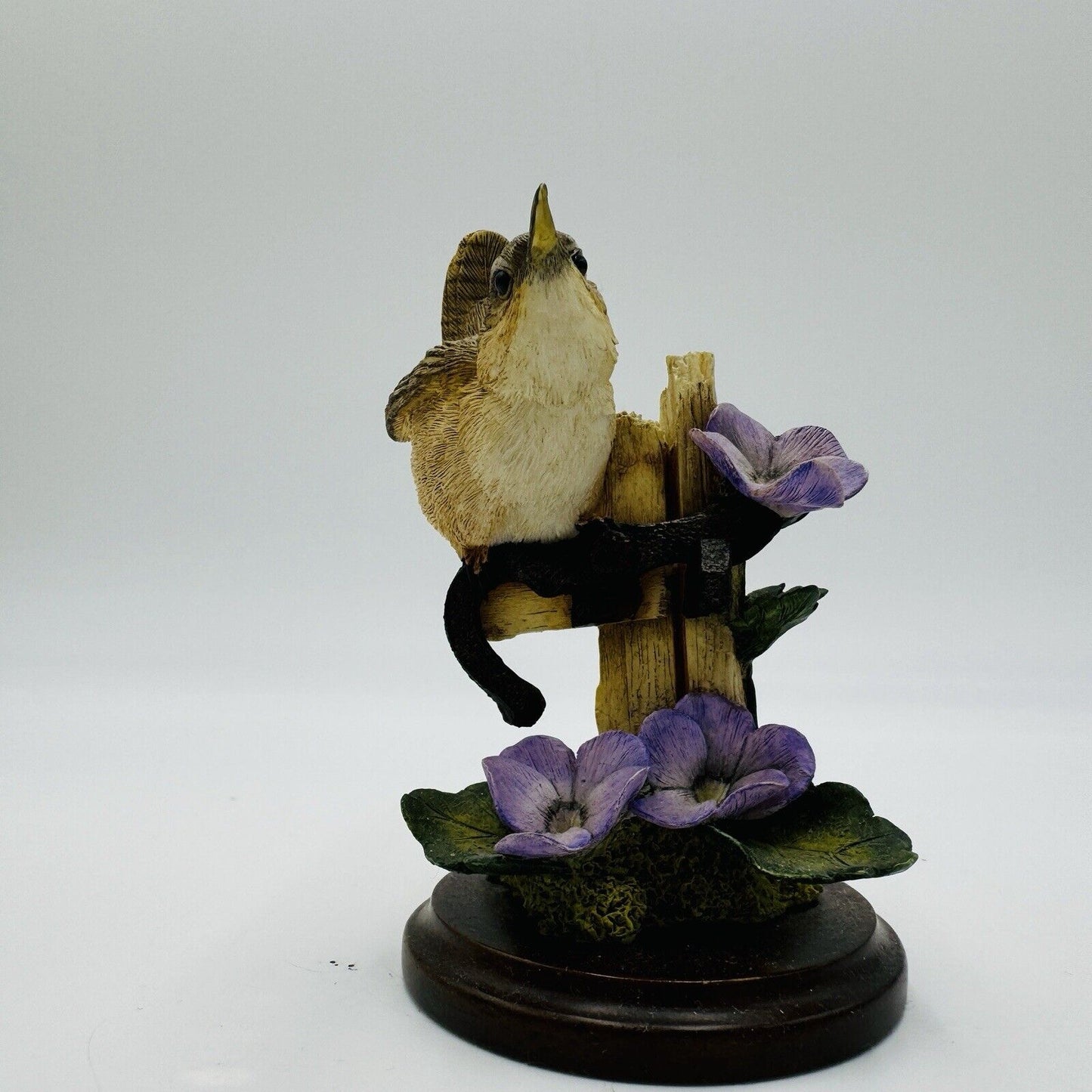 Country Artists Hand Painted House Wren w Violets Wood Base Figurine Vintage 4”