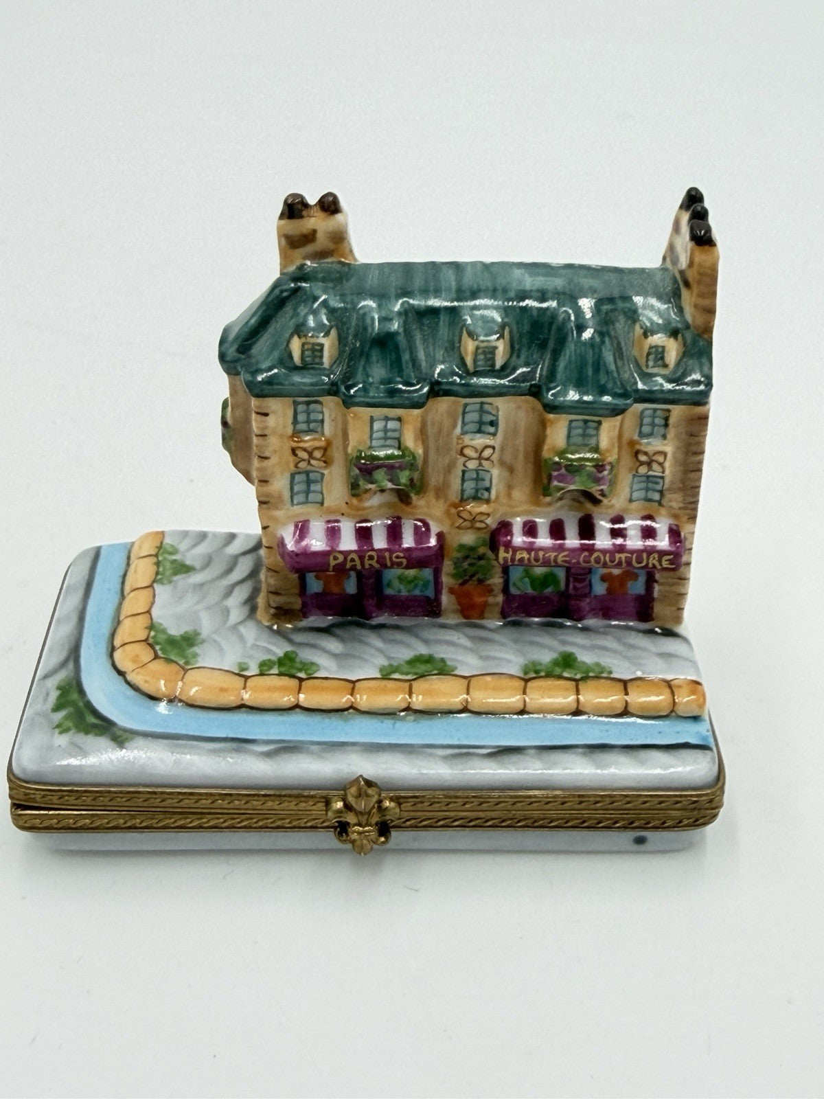 Limoges Porcelain Trinket Box Signed France Paris Street with Shops & Apartments