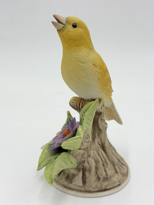 Vtg Andrea by Sadek Yellow Canary with Purple Flower # 8627 Ceramic Signed 6”H