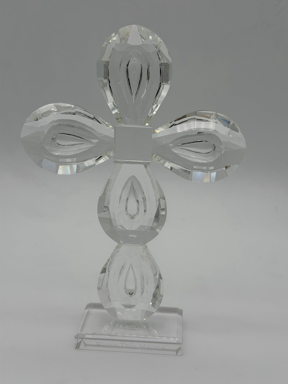 Oleg Cassini Diamond Cut Art Crystal Cross Bless This House Figurine Signed 8.5”