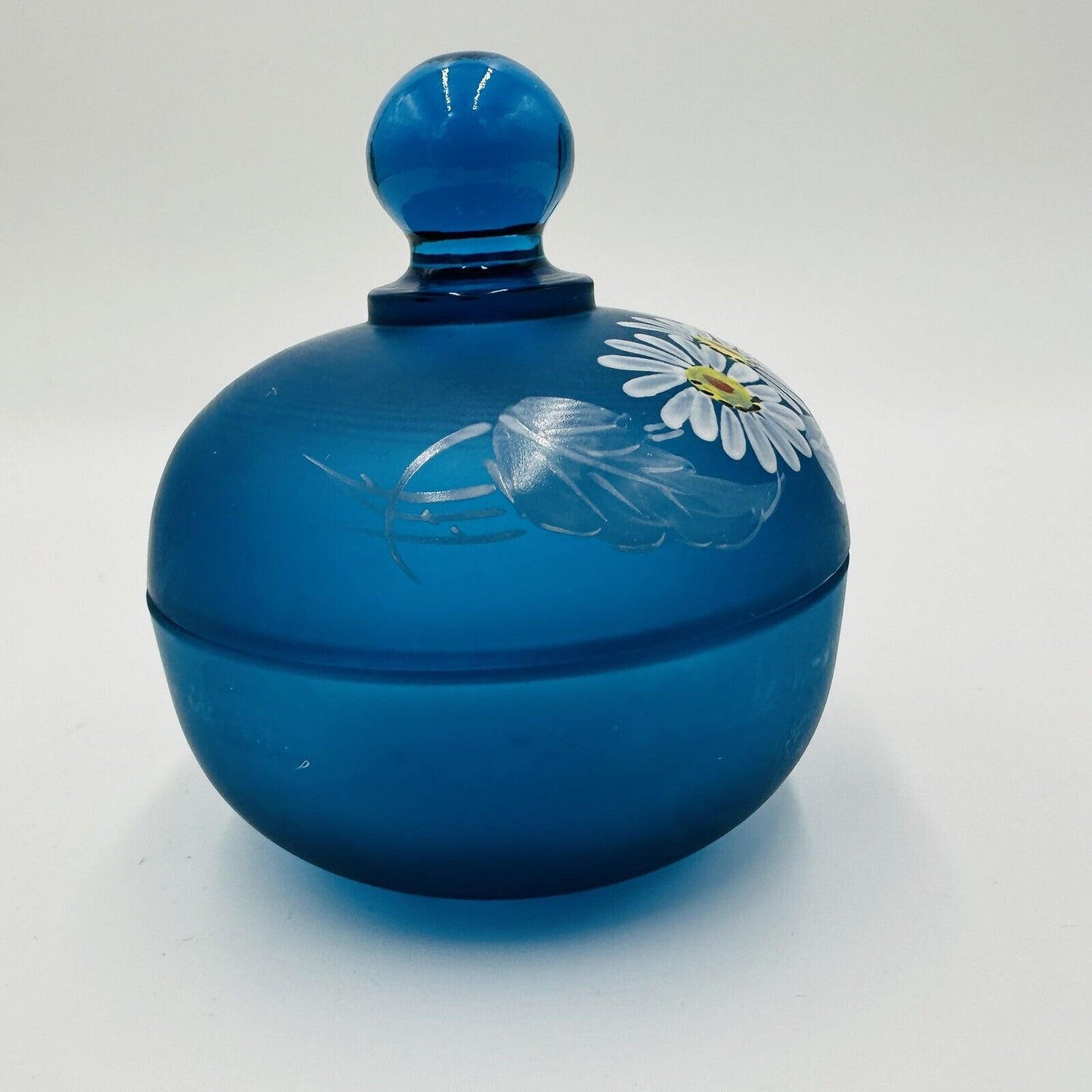 Westmoreland Vanity Dish Blue Satin Glass Lidded Trinket Hand Painted Daisies