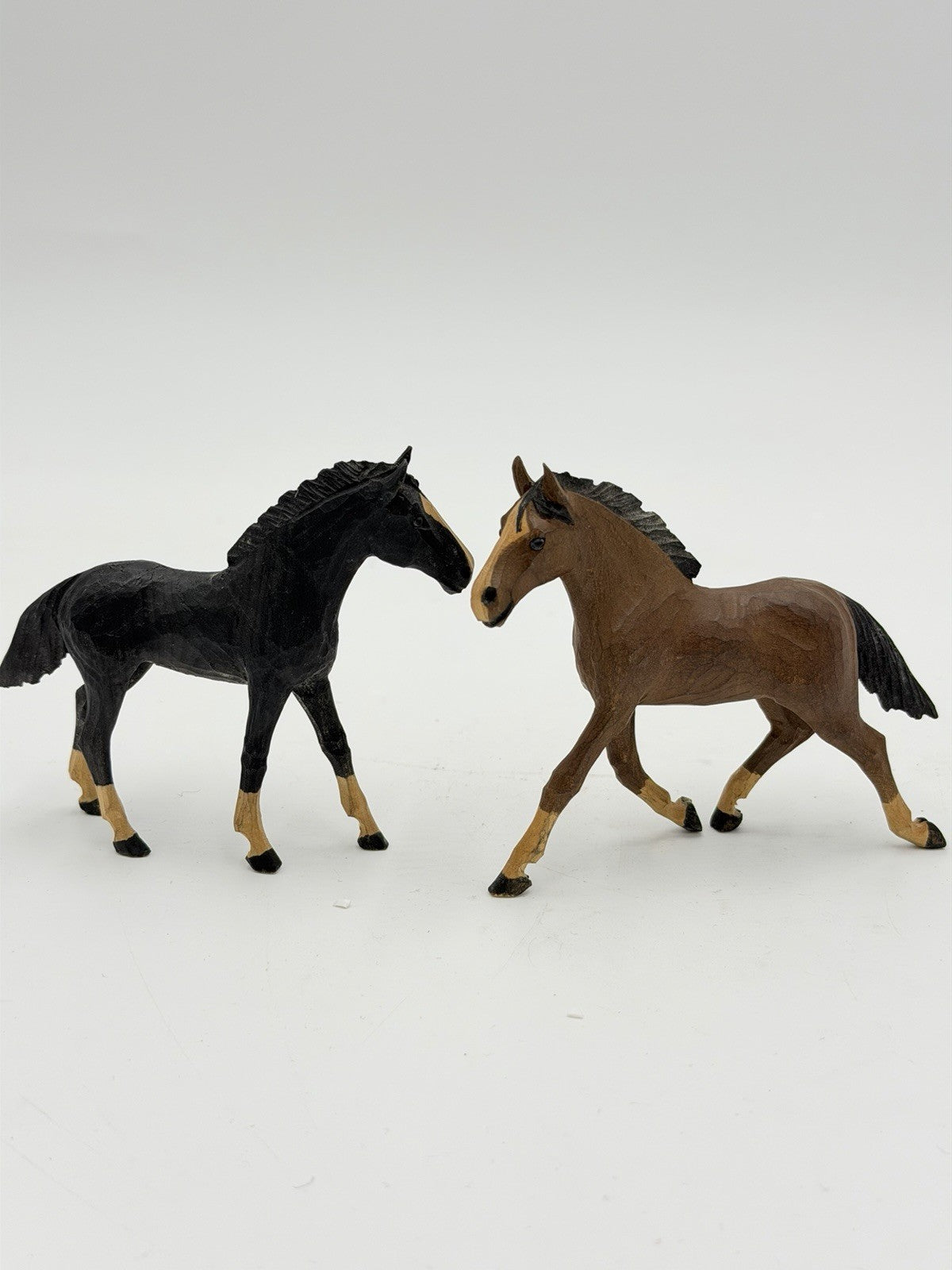 Vintage Swiss Folk Art Wooden Carved Horses Foals Figurines 3”H