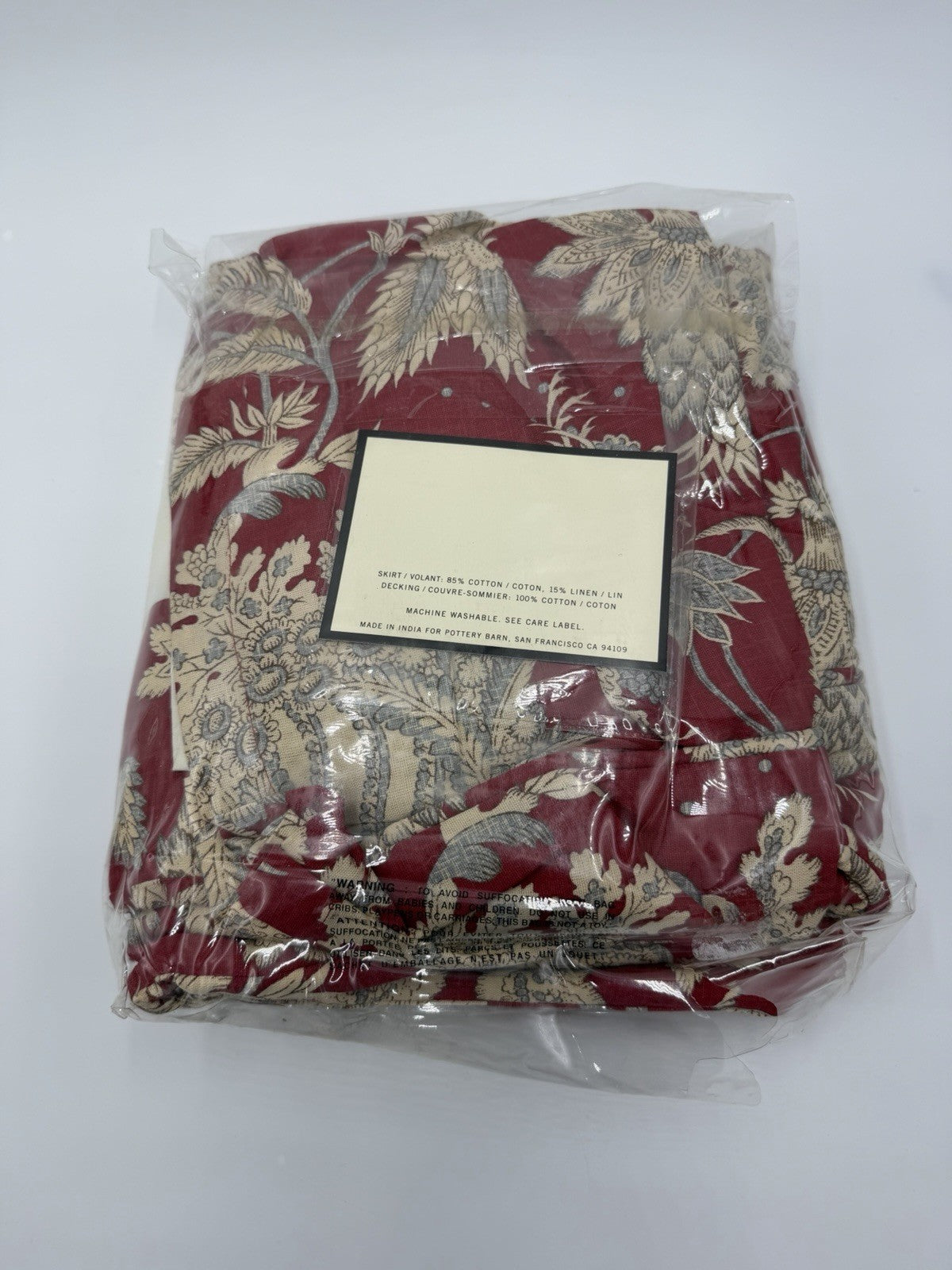 Pottery Barn Margaret bed skirt juponnage Cotton Linen Floral Beige Red Queen