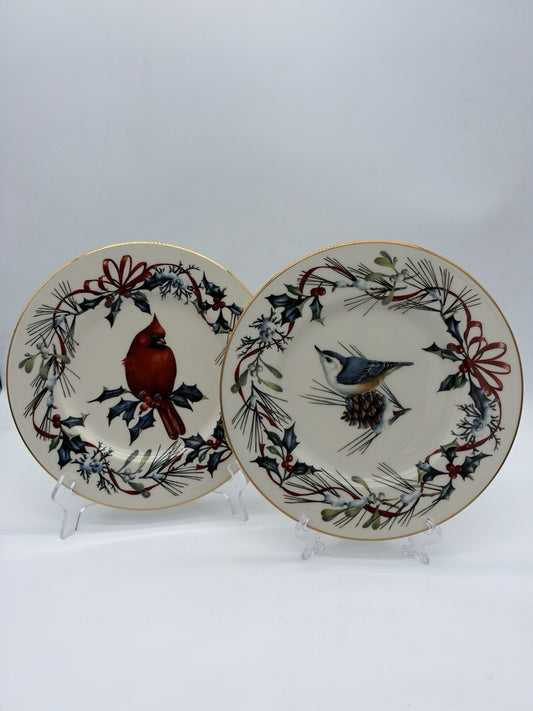 Lenox Winter Greetings Salad Plates Nuthatch Cardinal 9” Gold Trim 2 PCs Porcela