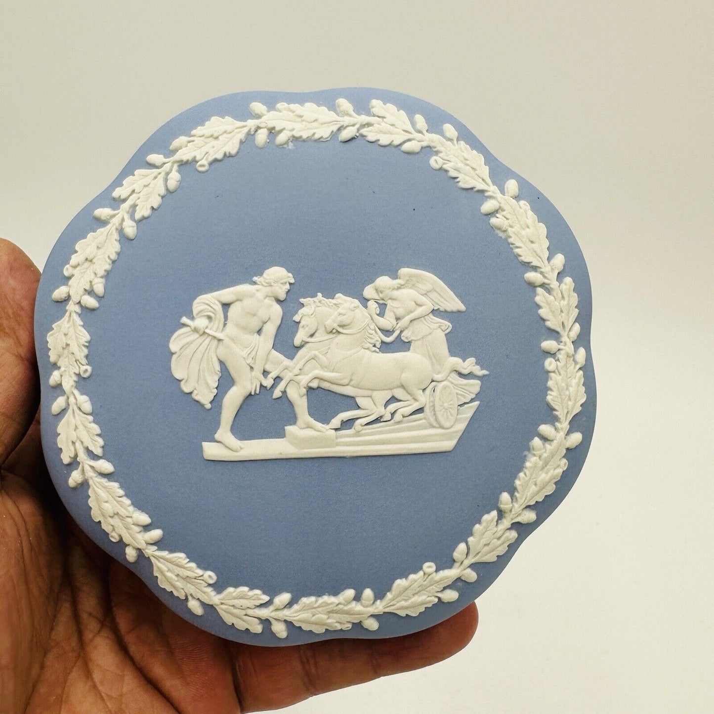 Wedgwood Blue Jasperware Covered Dresser Trinket Box Inlaid Ornate Horse Vintage