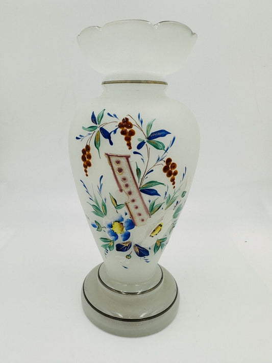 Vase Victorian Bristol Opaline Floral Hand Blown & Hand-Painted on White Decor