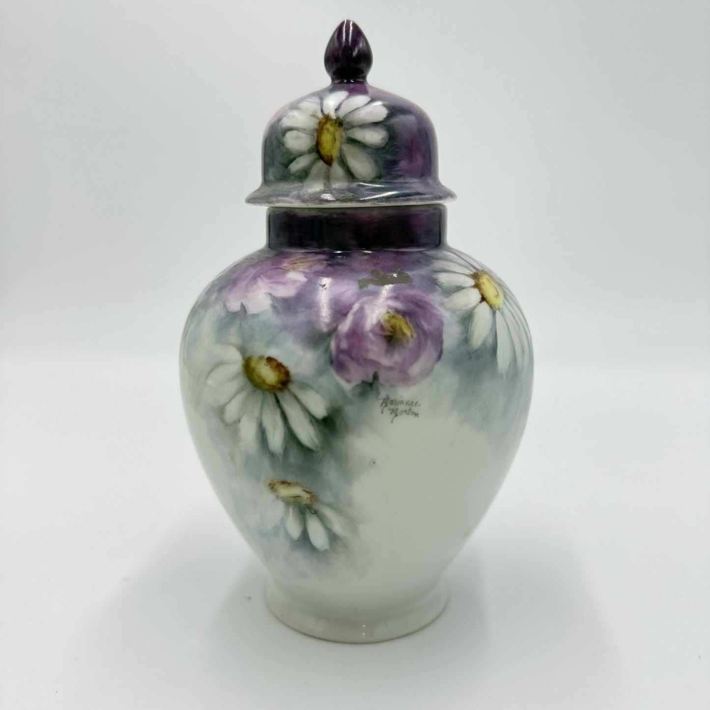 Vintage Porcelain Ginger Jar Hand Painted Signed Daisies By Marianne Morton 1983