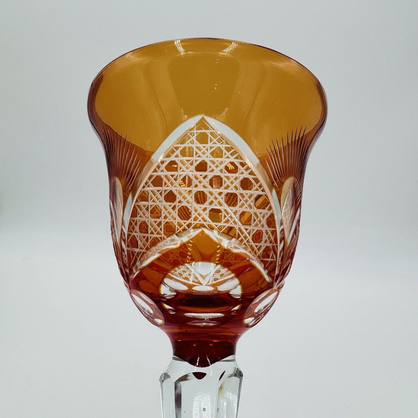 Bohemian crystal cut wine glass orange replacement 8” Vintage Etched