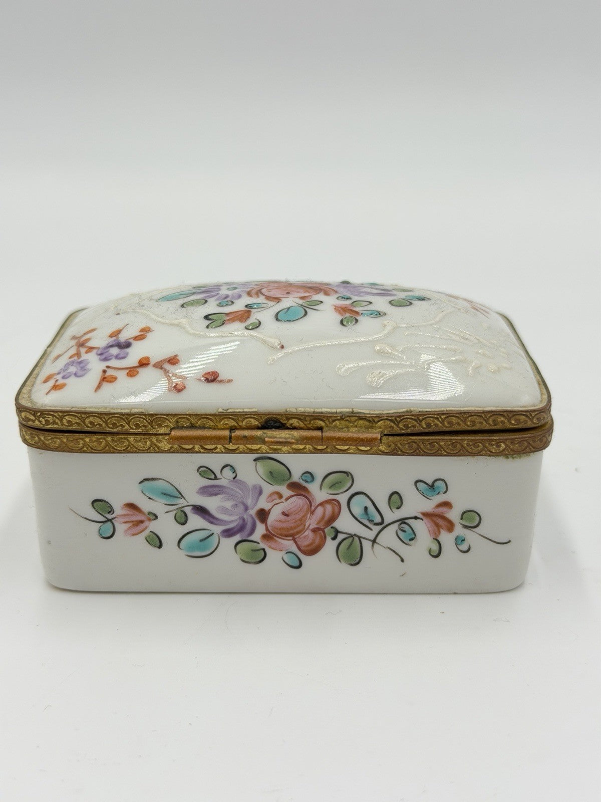 Antique France Made Porcelain Floral Painted Metal Accents Trinket Jewelry Box