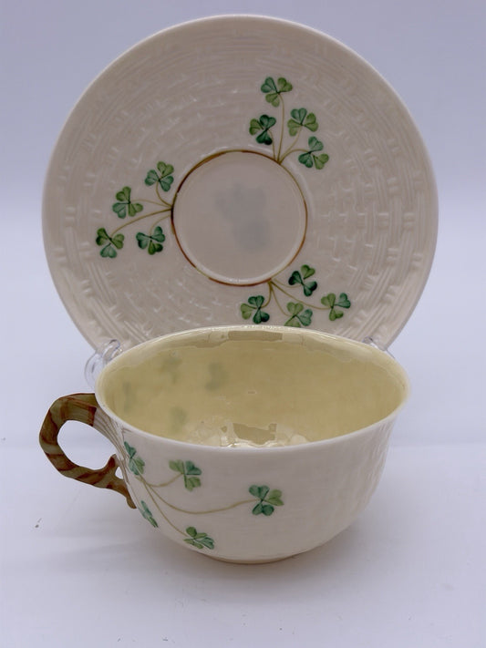Belleek Irish Porcelain Shamrock Teacup & Saucer 5th Green Mark 1955–1965