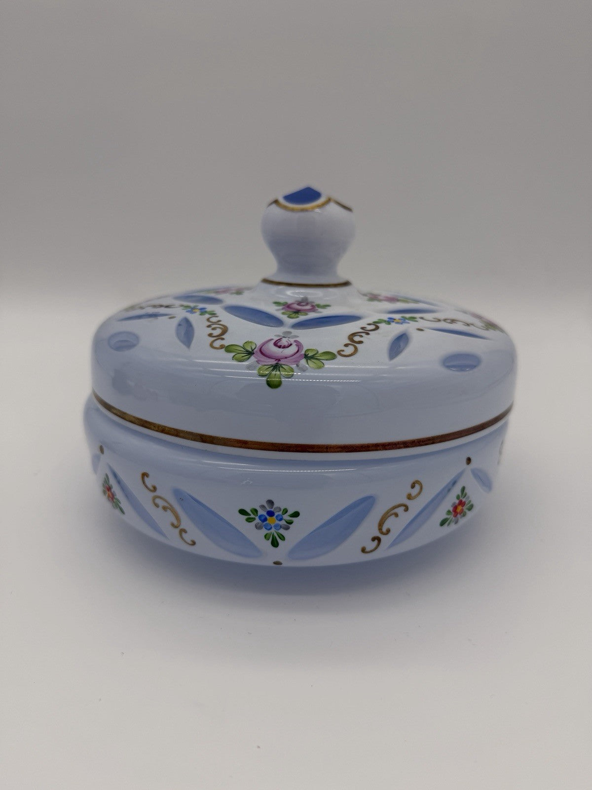 Czech Bohemian Baby Blue Cased to Blue Art Glass Lidded Candy Dish Large 6”x5”