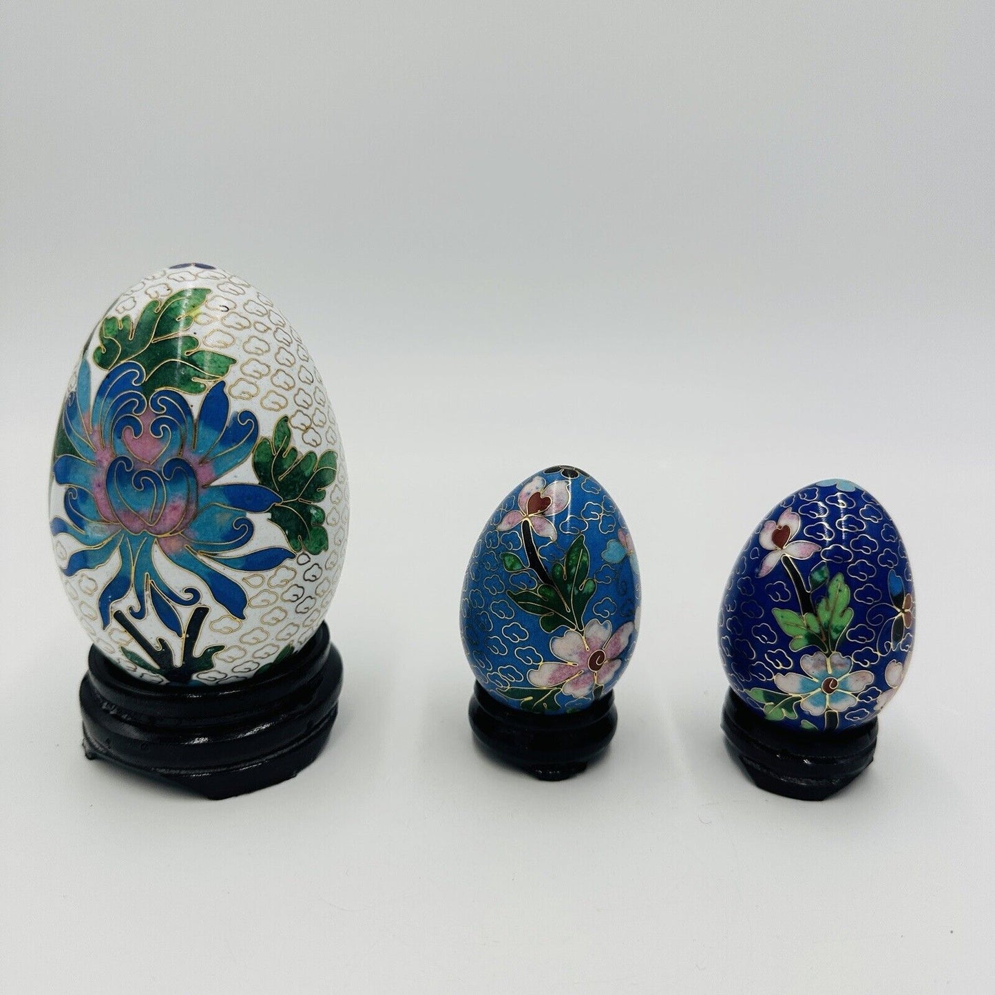 Cloisonné Chinese Easter Eggs Enamel Floral Butterfly Set Set of 3 Vintage