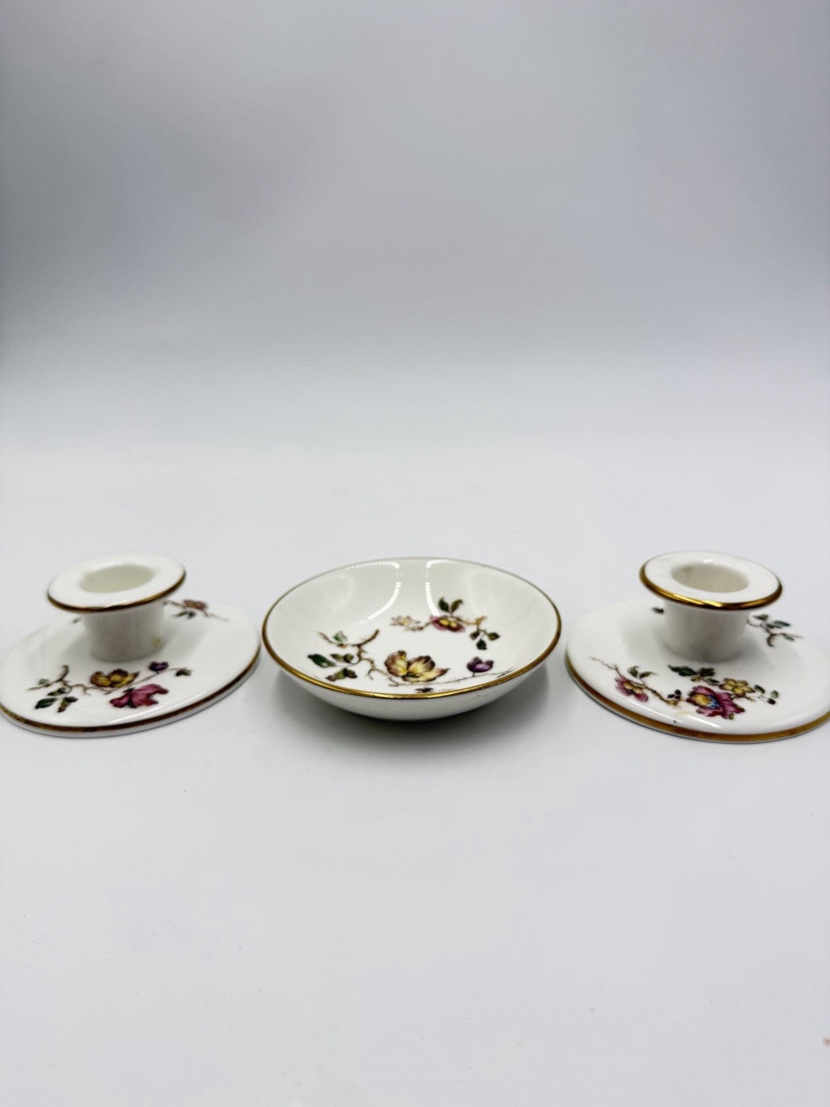 Wedgwood Bone China Taper Candle Holders & Small Tray Set 3 PCs Porcelain Englan