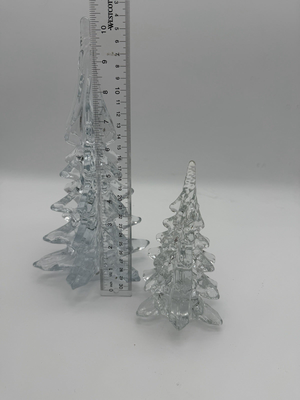Vintage Silvestri Handcrafted Clear Art Glass Christmas Trees 10.5”&6” Figurines