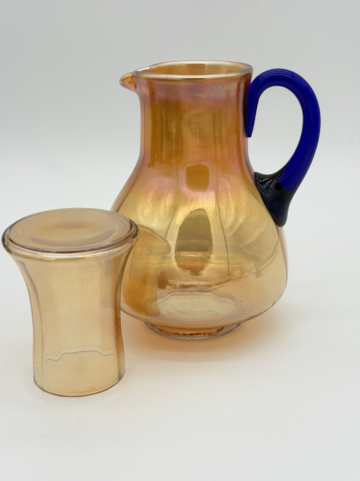 Fenton Art Glass Guest Tumble Up carnival pitcher marigold cobalt blue handle