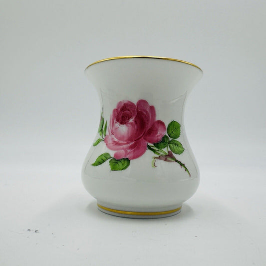 Meissen Porcelain Pink Painted Rose Mini Vase Germany Crossed Swords Mark 2.5” H