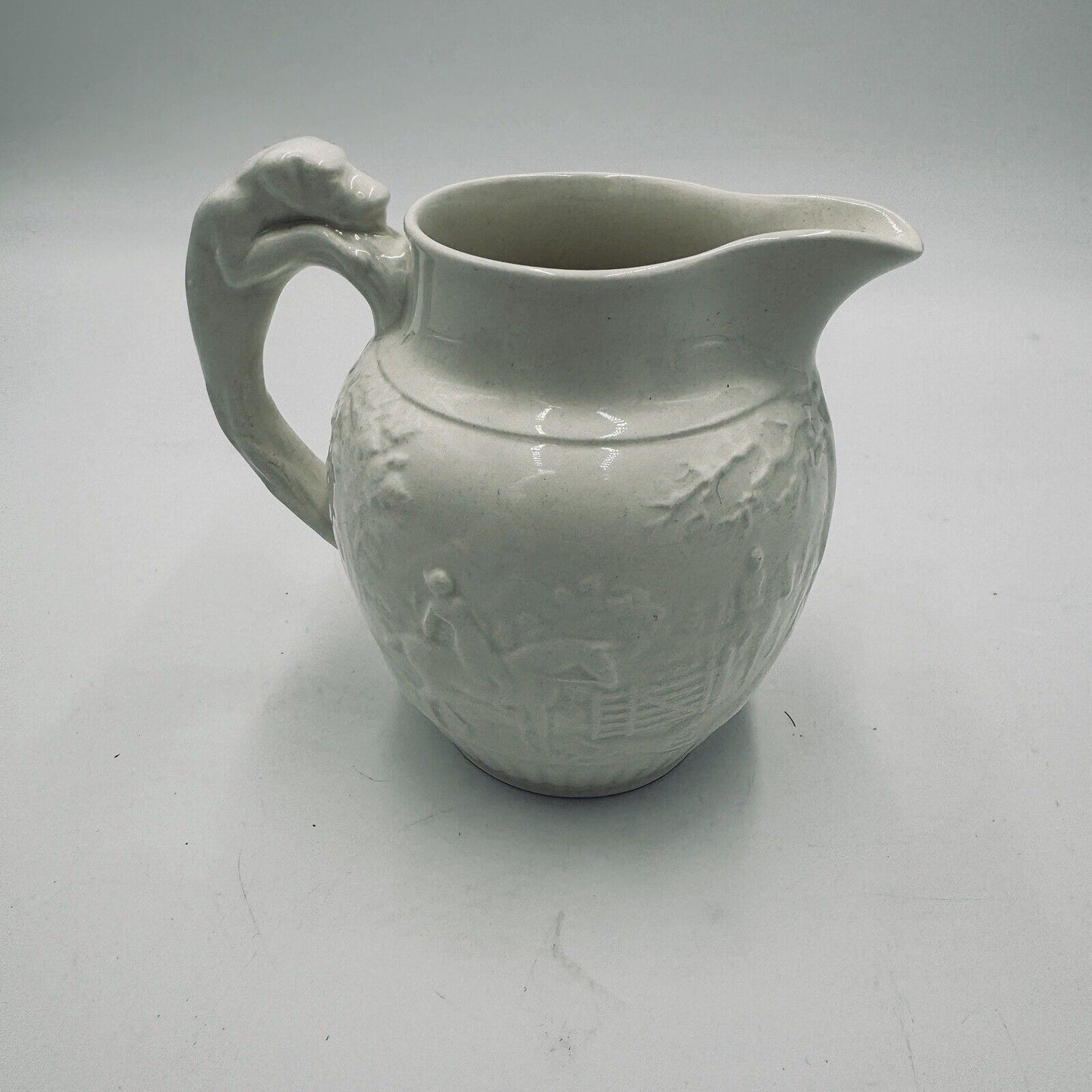 Wedgwood Etruria 4.5” Pitcher Grazed White Hunting Scene Embossed #36 Antique