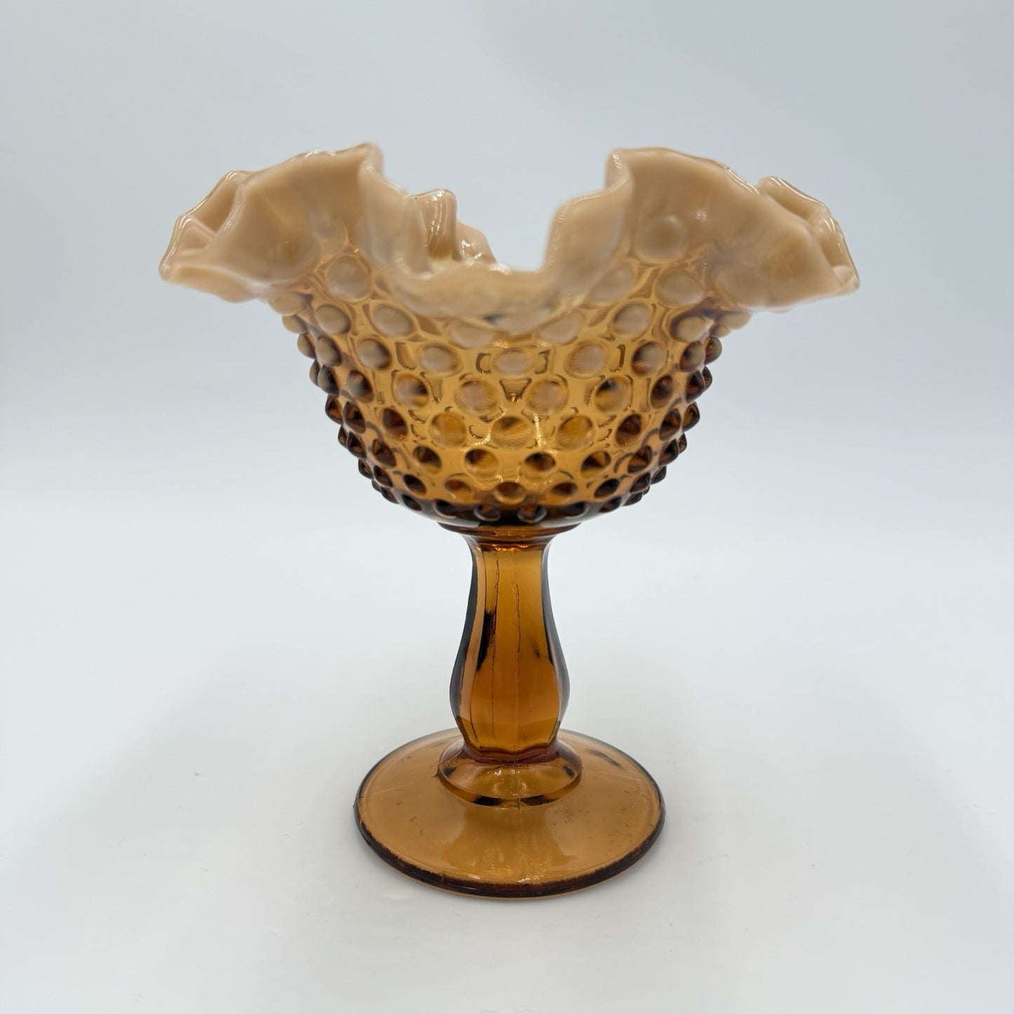 Fenton Art Glass Root Beer Opalescent Gradient Hobnail Ruffled Compote 6in