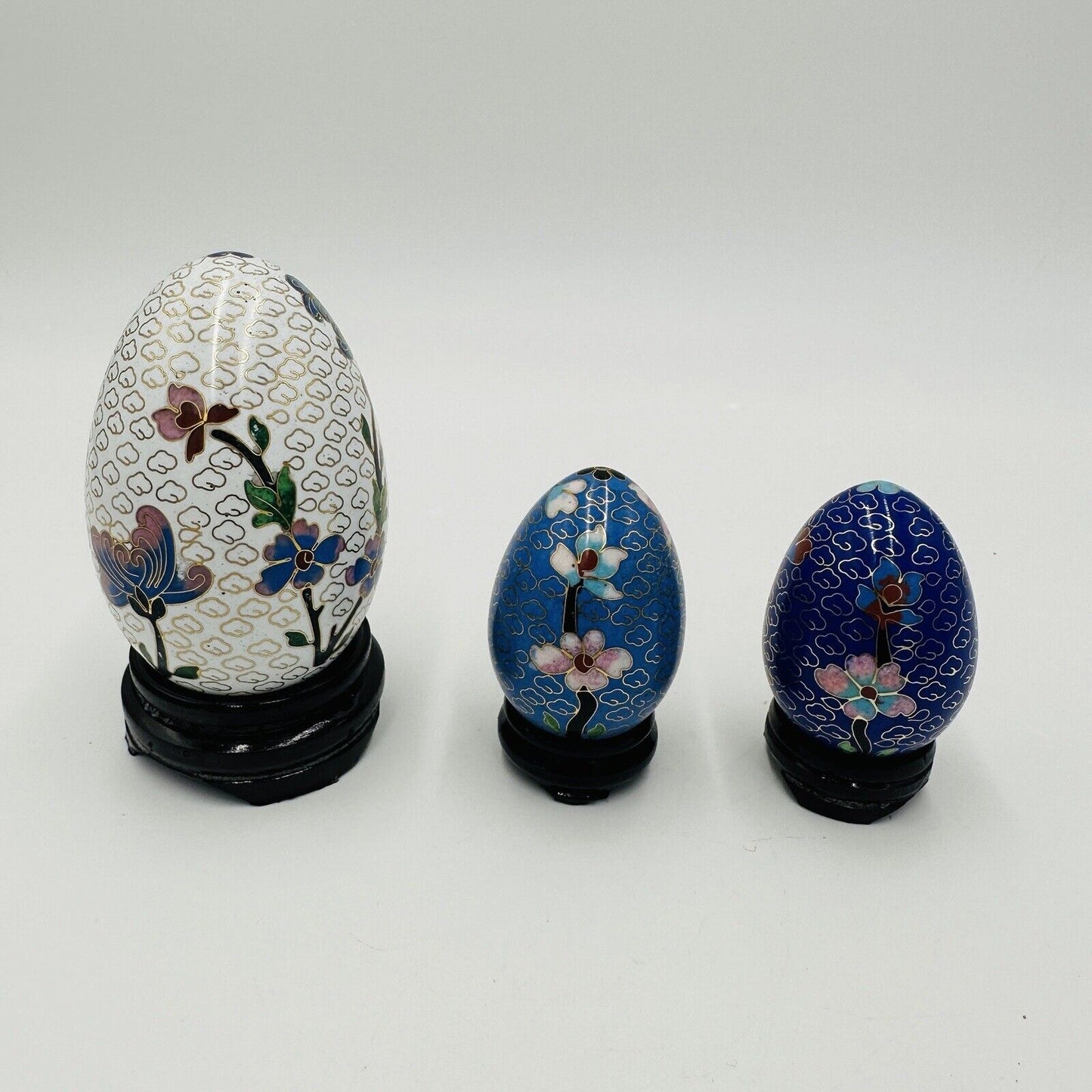 Cloisonné Chinese Easter Eggs Enamel Floral Butterfly Set Set of 3 Vintage