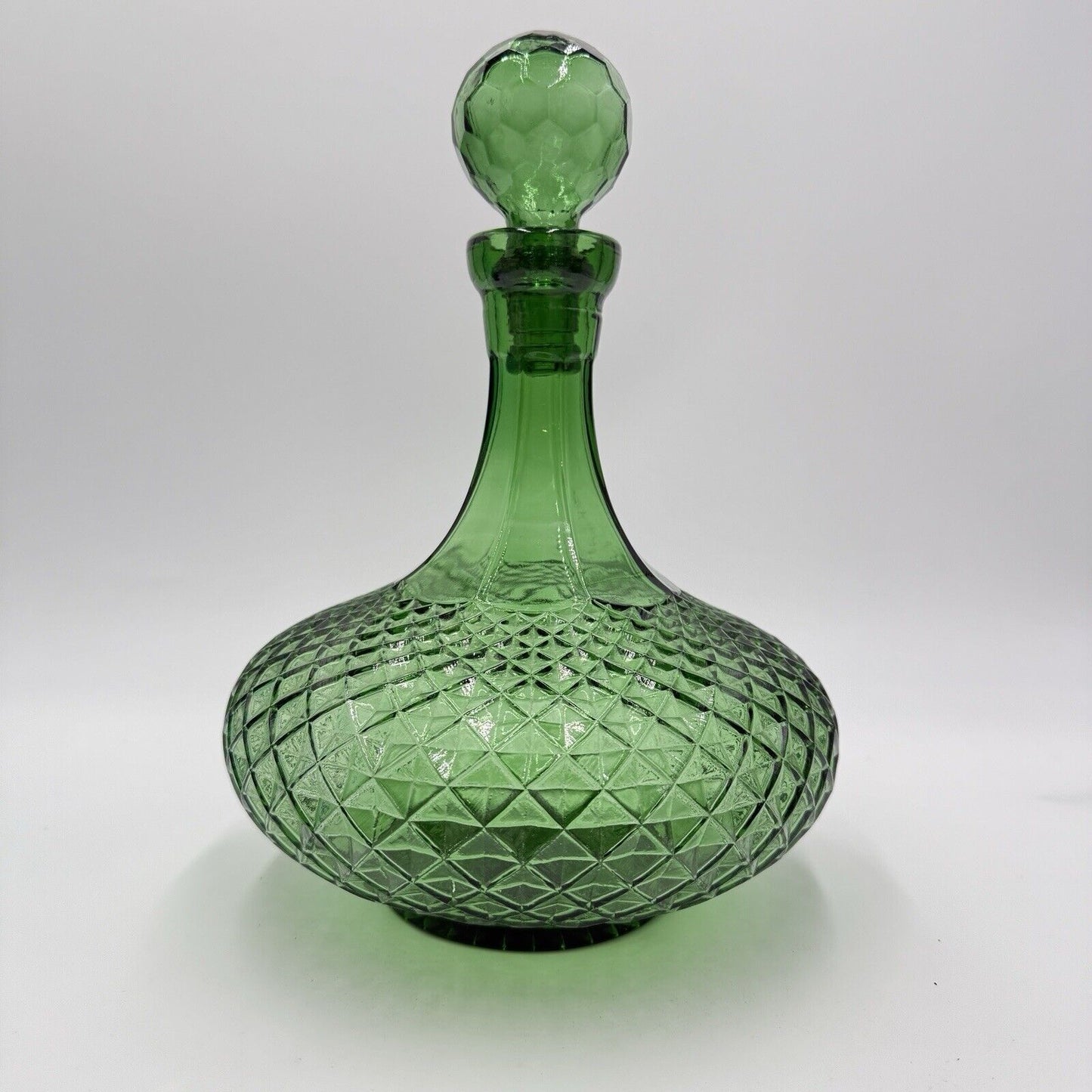 Vtg Empoli Green Diamond Genie Bottle Decanter W/Stoppers 12” Italy Art Glass