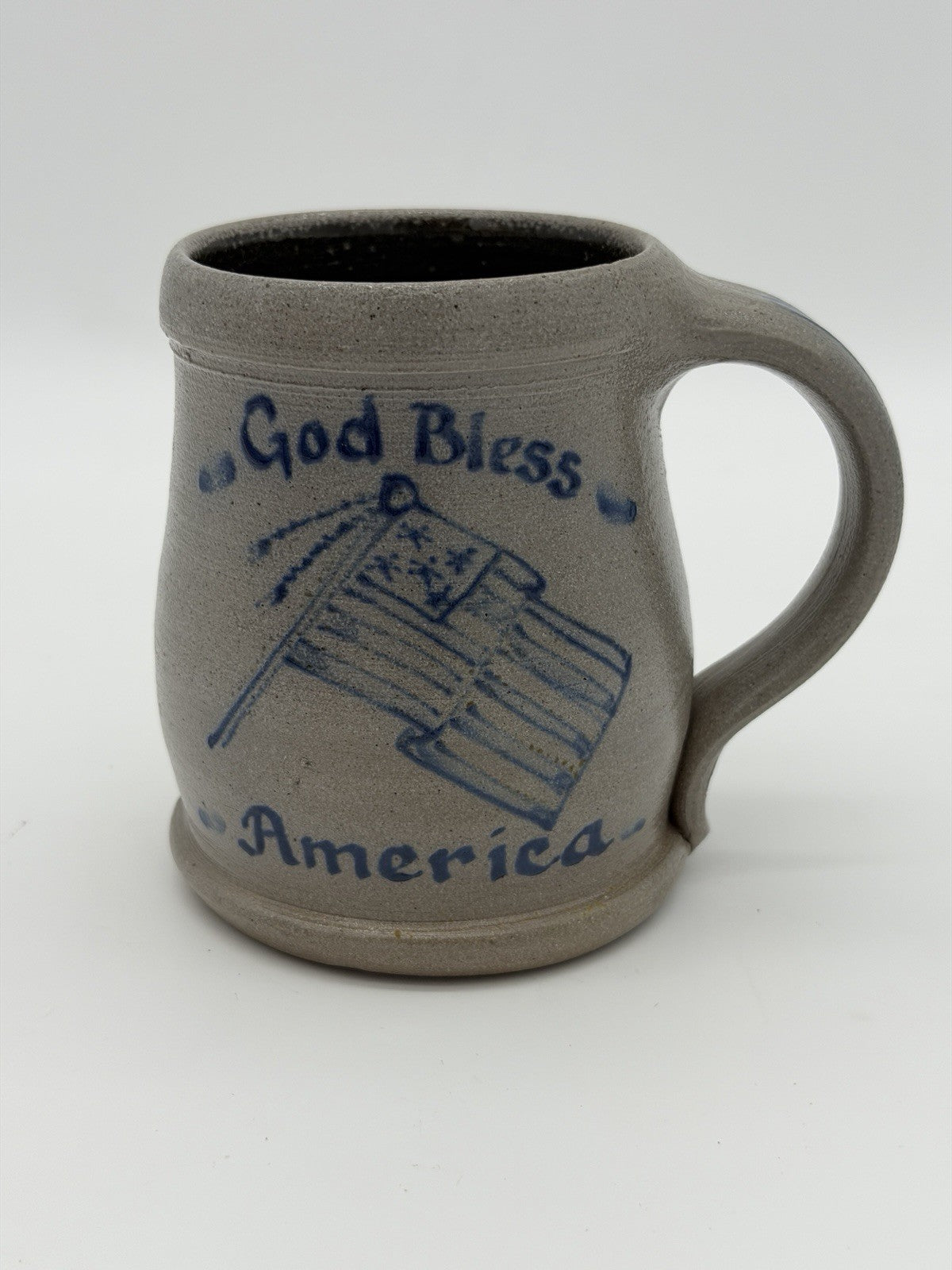 Rowe Pottery Salt Glazed God Bless America Coffee Mug American Flag Patriotic